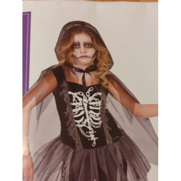 Grim Reaper Girl Large Kids Halloween Costume Skeleton Dress Cape Leggings - Picture 7 of 11